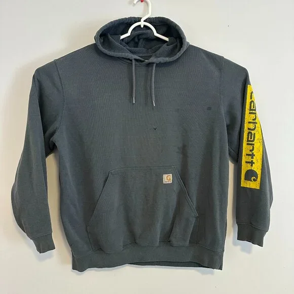 Carhartt Hoodie Sweatshirt Mens XL Gray Yellow Distressed Grunge Long Sleeve - Picture 1 of 10